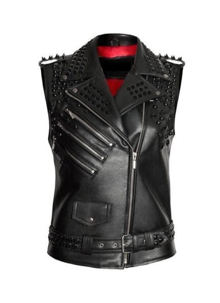 Men's Handmade Black Studded Leather Biker Vest - Fashionable Real Leather Style