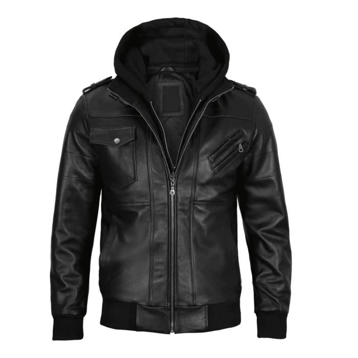 Kevin Hooded Genuine Leather Black Bomber Jacket