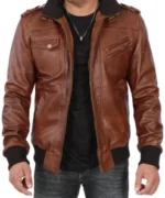 Men's Brown Leather Jacket Removable Hood