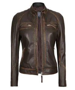 Womens Quilted Brown Moto Leather Jacket