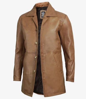 Men’s Real Lambskin 3/4 Length Camel Brown Leather Car Coat