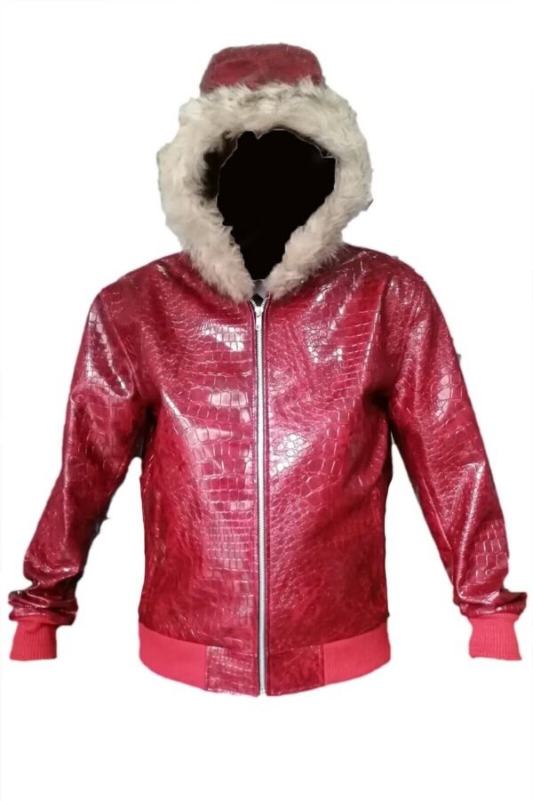 Men's Christmas Red Faux Crocodile Leather Bomber Jacket with Fur Hoodie - Stylish Winter Outerwear