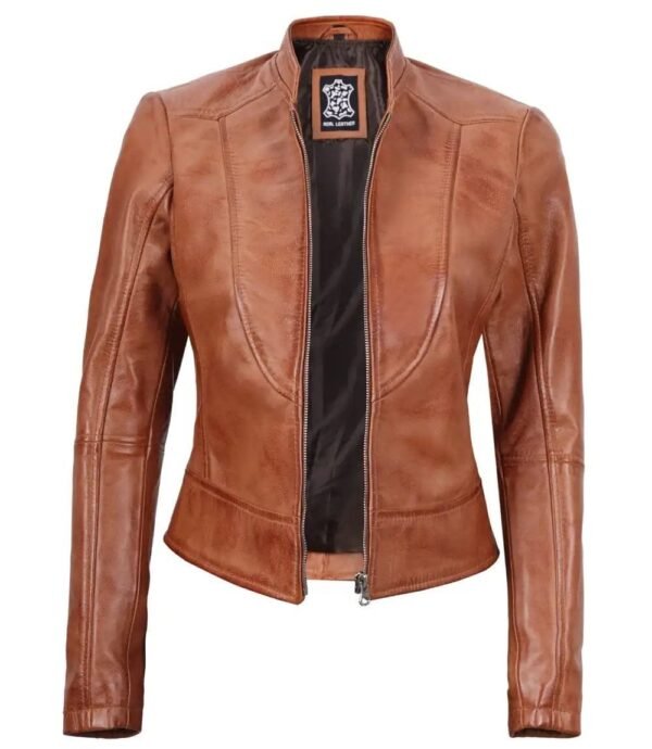 Womens Tan Biker Leather Jacket - Image 5