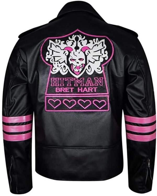 Men's Brett Haart Hitman Wrestler Skull Embroidered Black Leather Jacket