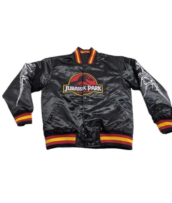 Men's Jurassic Park Black Satin Bomber Jacket - Movie-Inspired Outerwear - Image 2