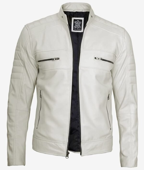 Off White Leather Motorcycle Cafe Racer Jacket for Mens - Image 3