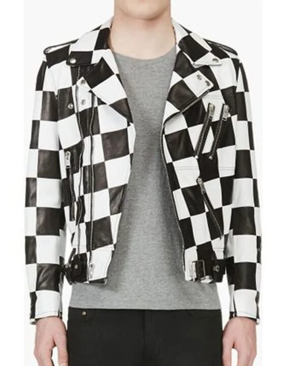 Men’s Checked Biker Leather Jacket