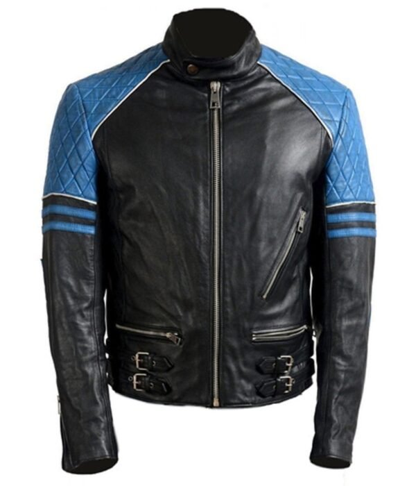 Men’s Quilted Black and Blue Motorcycle Leather Jacket