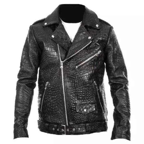 Men's Crocodile Embossed Print Handmade Motorcycle Biker Leather Jacket