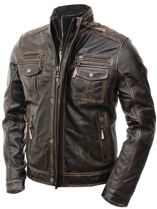 Men's Vintage Distressed Brown Cafe Racer Leather Jacket - Classic Motorcycle Style - Image 3