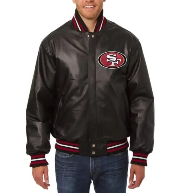 Men's San Francisco 49ers Black Varsity Letterman Real Leather Jacket - Image 2