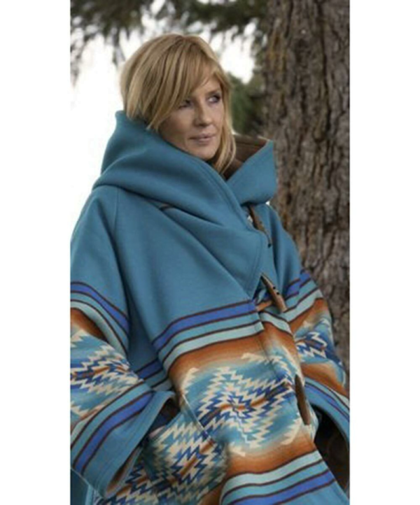 Women Poncho Beth Dutton Yellowstone Season 3 Kelly Reilly Blue Hooded Coat