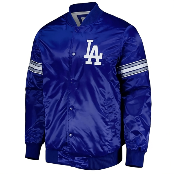 MLB LA Dodgers Blue Satin Varsity Jacket with Embroidered Logos - Full-Snap Closure - Image 2