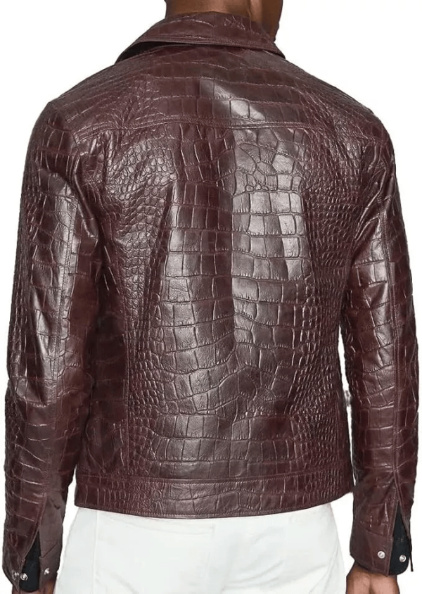 Men's Brown Crocodile Embossed Cowhide Leather Jacket - Stylish Outerwear