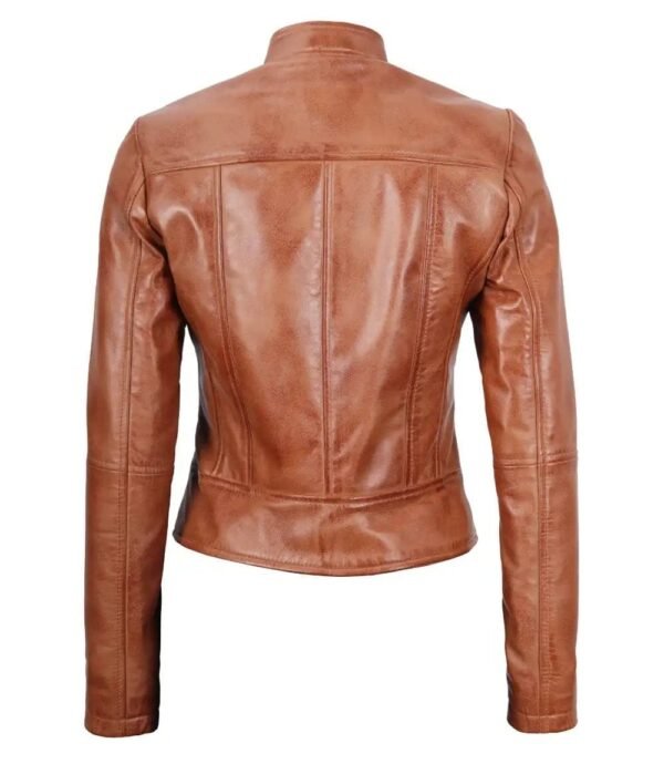 Womens Tan Biker Leather Jacket - Image 2