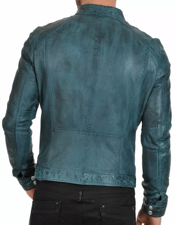 Men's Distressed Blue Motorcycle Cafe Racer Biker Leather Jacket - Image 2