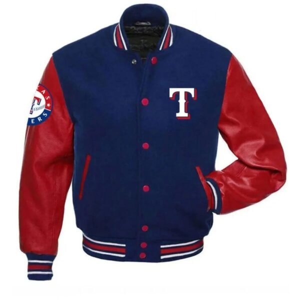 Texas Rangers Wool Body with Genuine Leather Sleeves Varsity Letterman Jacket - Image 2