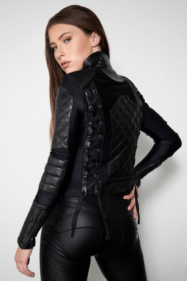 Women's Black Quilted Corset Motorcycle Jacket - Stylish Biker Outerwear - Image 2