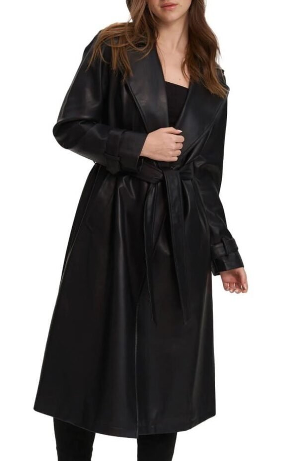 Women's Black Genuine Sheepskin Leather Trench Coat - Luxurious Long Overcoat - Image 2