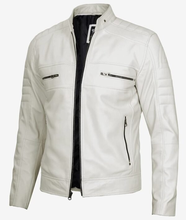 Off White Leather Motorcycle Cafe Racer Jacket for Mens - Image 4