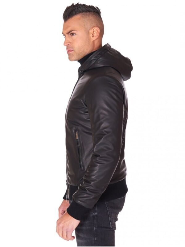 Men's Black Lambskin Leather Biker Jacket with Hooded Collar - Stylish Outerwear - Image 2