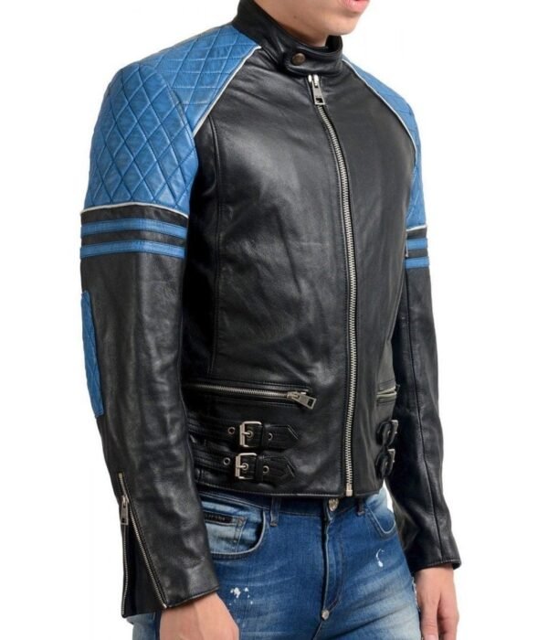 Men’s Quilted Black and Blue Motorcycle Leather Jacket - Image 2