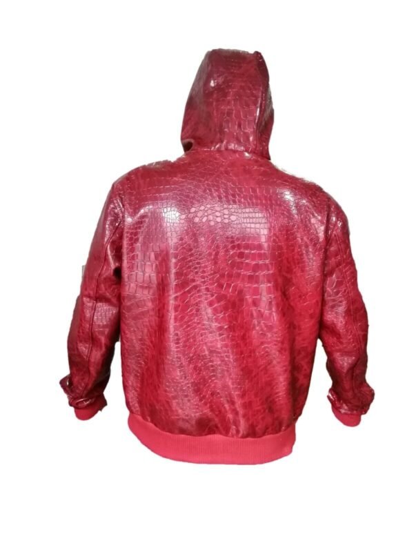 Men's Christmas Red Faux Crocodile Leather Bomber Jacket with Fur Hoodie - Stylish Winter Outerwear - Image 2