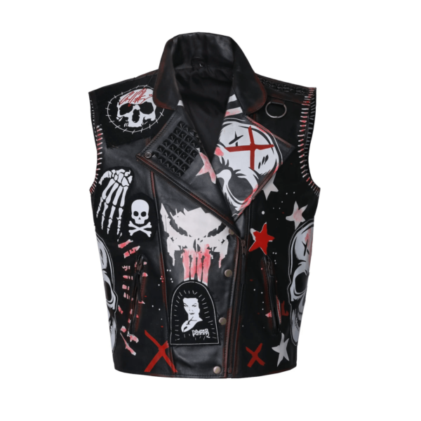 Men's Gothic Skull Printed Studded Leather Vest - Edgy Biker Style