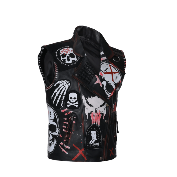 Men's Gothic Skull Printed Studded Leather Vest - Edgy Biker Style - Image 3