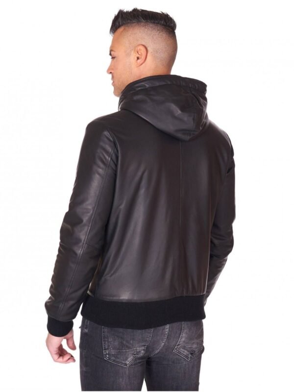 Men's Black Lambskin Leather Biker Jacket with Hooded Collar - Stylish Outerwear