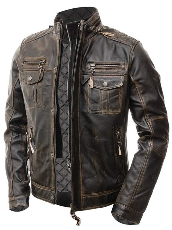 Men's Vintage Distressed Brown Cafe Racer Leather Jacket - Classic Motorcycle Style