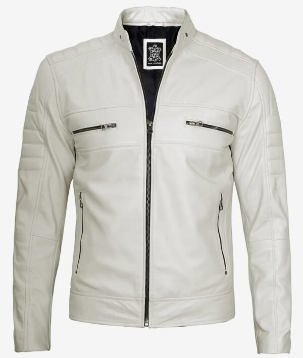 Off White Leather Motorcycle Cafe Racer Jacket for Mens