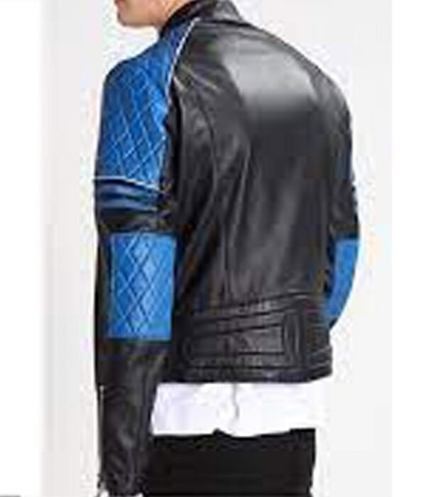 Men’s Quilted Black and Blue Motorcycle Leather Jacket - Image 3