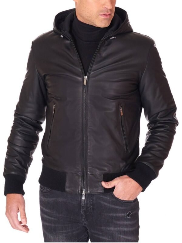 Men's Black Lambskin Leather Biker Jacket with Hooded Collar - Stylish Outerwear - Image 3