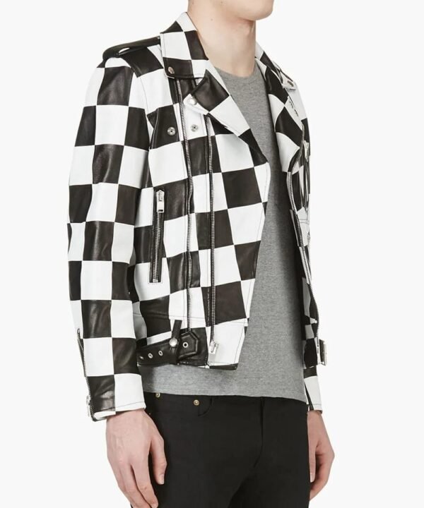 Men’s Checked Biker Leather Jacket - Image 3