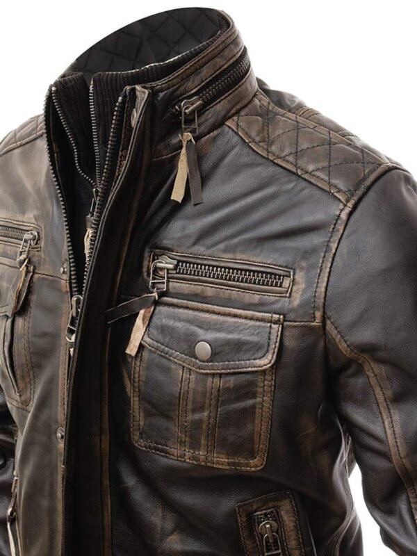 Men's Vintage Distressed Brown Cafe Racer Leather Jacket - Classic Motorcycle Style - Image 4