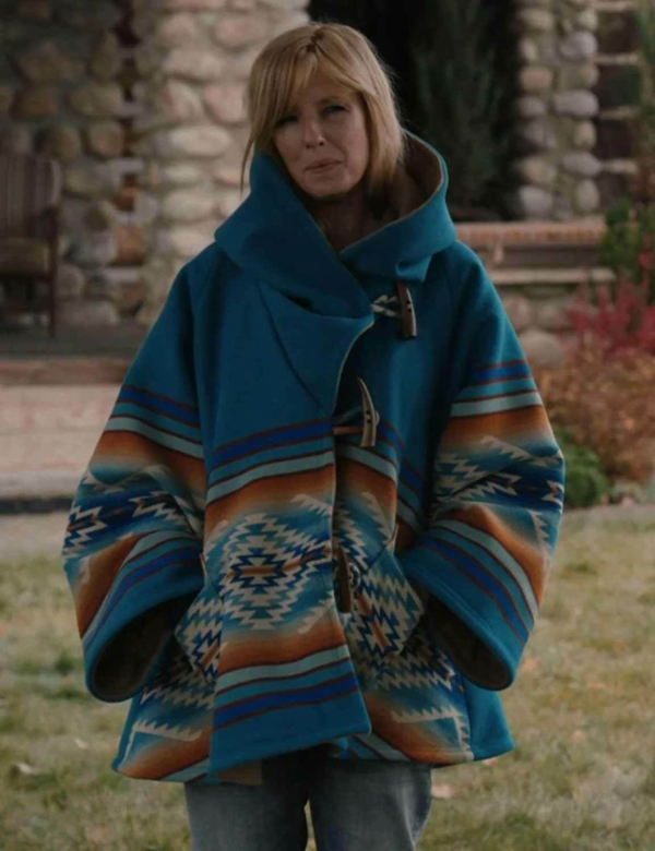 Women Poncho Beth Dutton Yellowstone Season 3 Kelly Reilly Blue Hooded Coat - Image 5