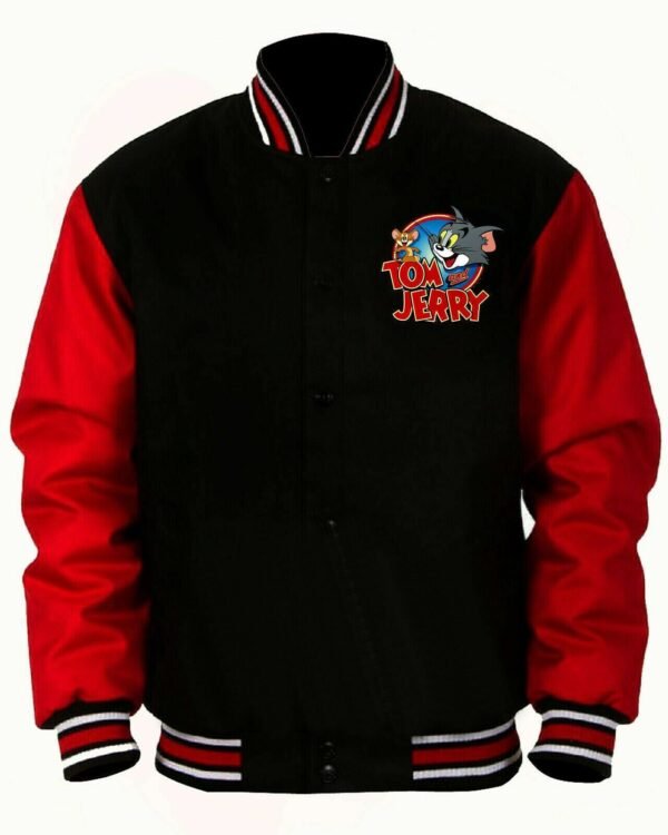 Men's Tom and Jerry Black Wool Varsity Letterman Jacket - Image 3