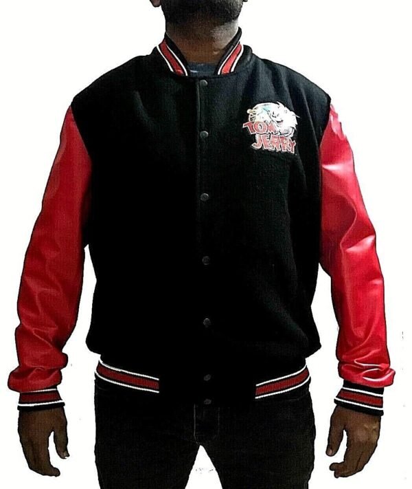 Men's Tom and Jerry Black Wool Varsity Letterman Jacket - Image 2