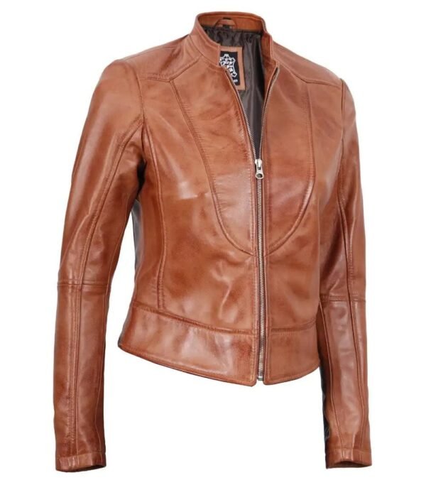 Womens Tan Biker Leather Jacket - Image 4