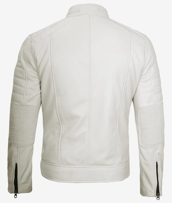 Off White Leather Motorcycle Cafe Racer Jacket for Mens - Image 2