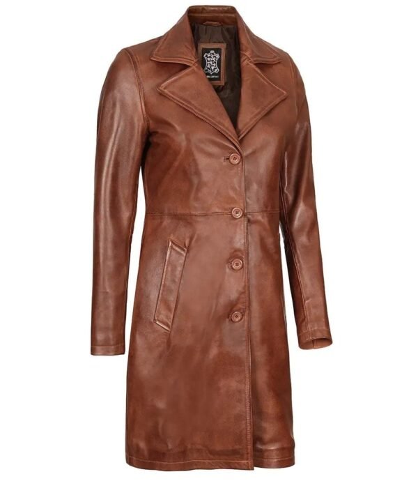 Kandis Womens Cognac Brown Leather Car Coat - Image 5