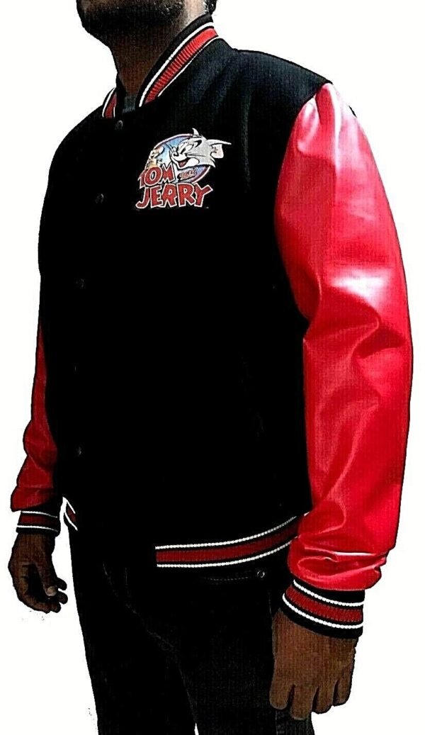 Men's Tom and Jerry Black Wool Varsity Letterman Jacket - Image 4