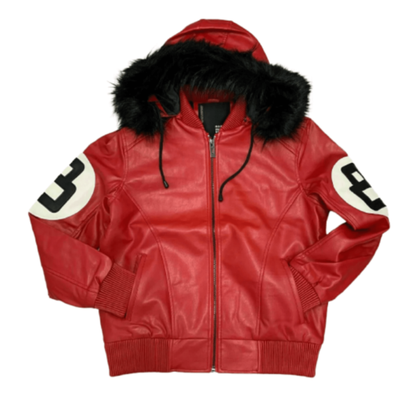 Men's Red 8-Ball Leather Hooded Jacket - Stylish Biker Outerwear