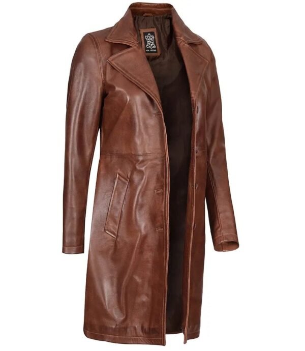 Kandis Womens Cognac Brown Leather Car Coat - Image 6