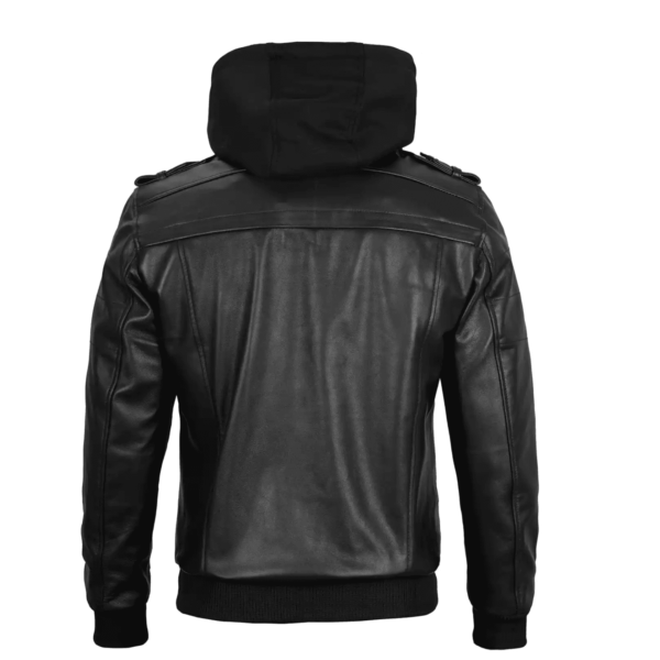 Kevin Hooded Genuine Leather Black Bomber Jacket - Image 2