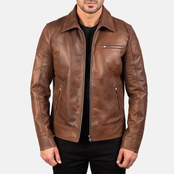 Lavendard Brown Leather Biker Jacket - Image 6