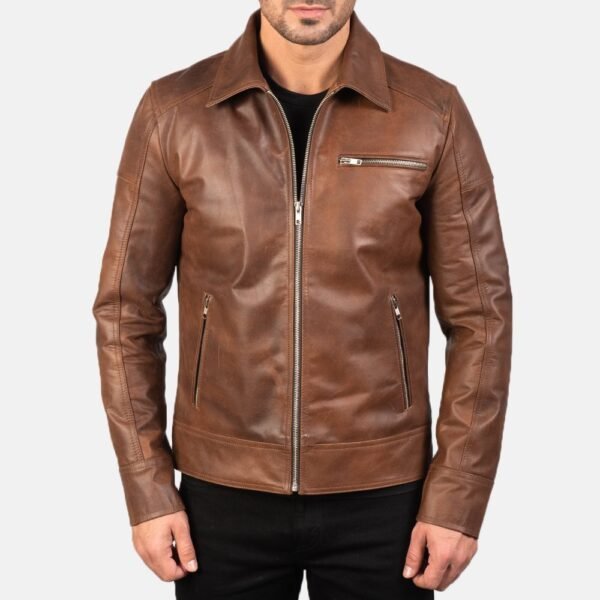 Lavendard Brown Leather Biker Jacket - Image 2