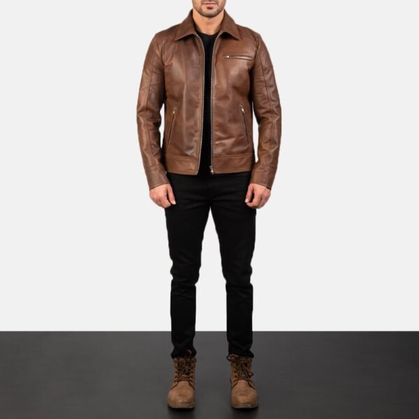 Lavendard Brown Leather Biker Jacket - Image 7