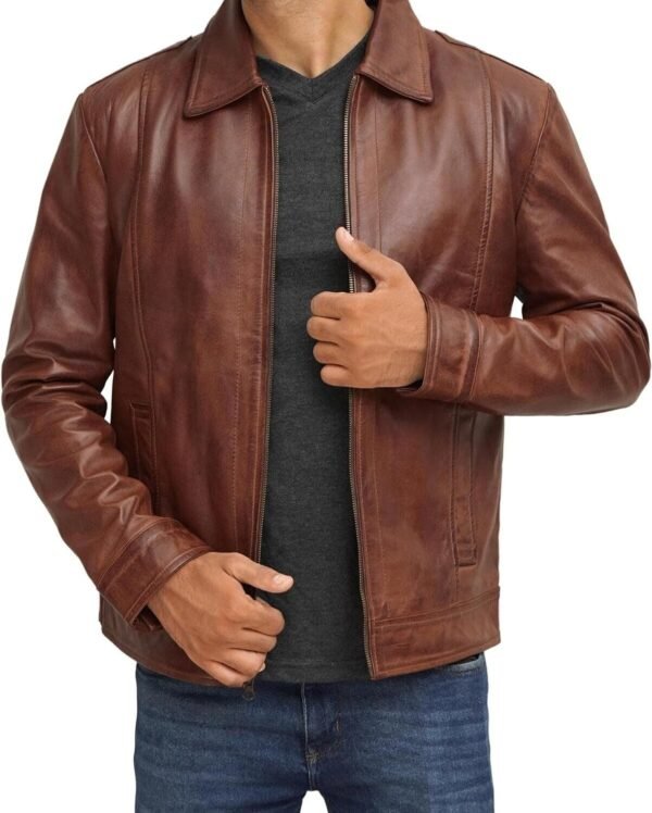 Men's Brown Genuine Lambskin Biker Racer Leather Jacket - Image 2